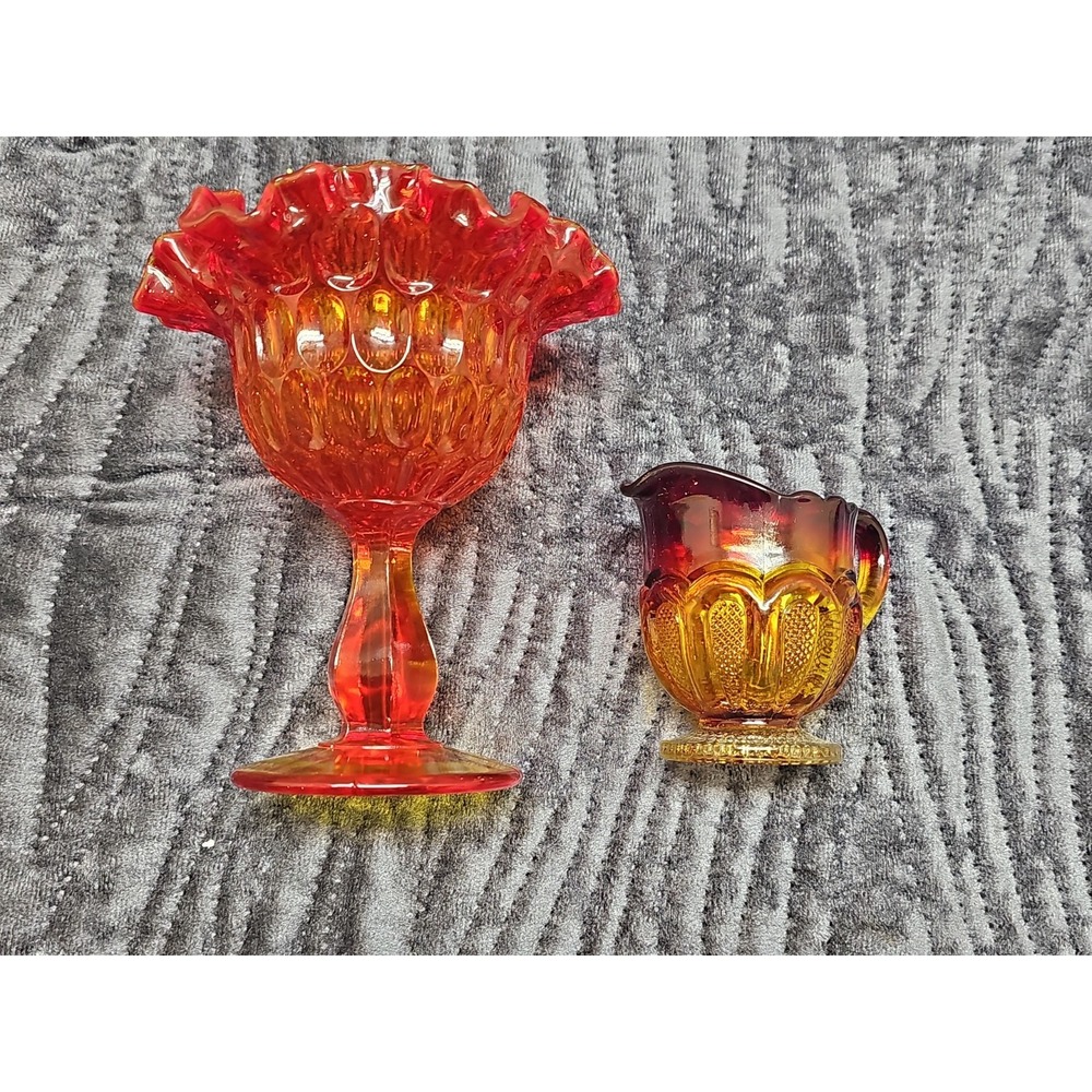 Vintage Glass Amber Brown Hobnail Crimped Rim Candy Bowl & Creamer Pitcher